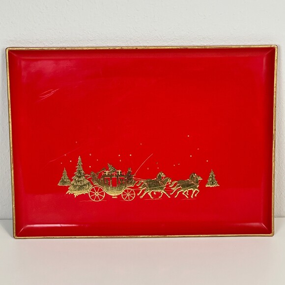 Vintage Otagiri Japan Red Lacquer Holiday Christmas ServingTray 80s - Picture 2 of 10
